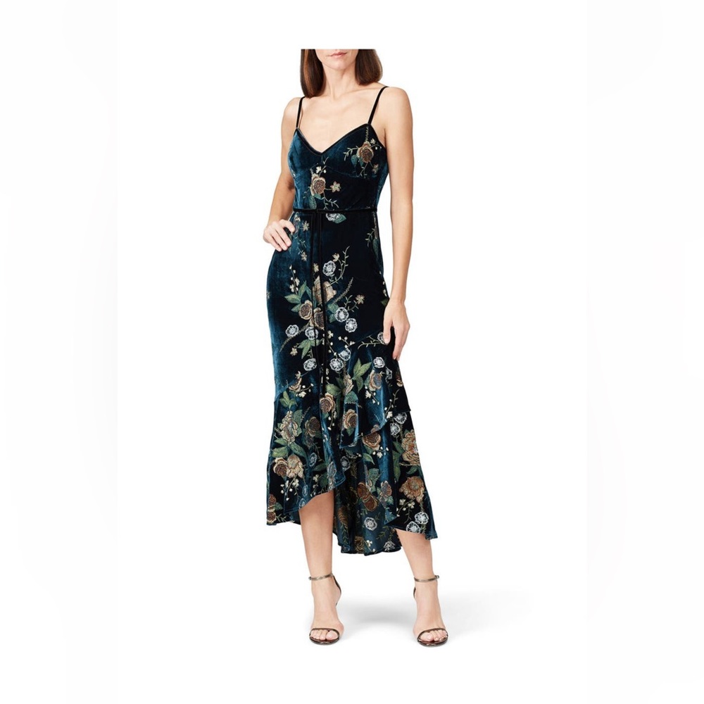Embroidered Marchesa Notte gown. Dark teal velvet.